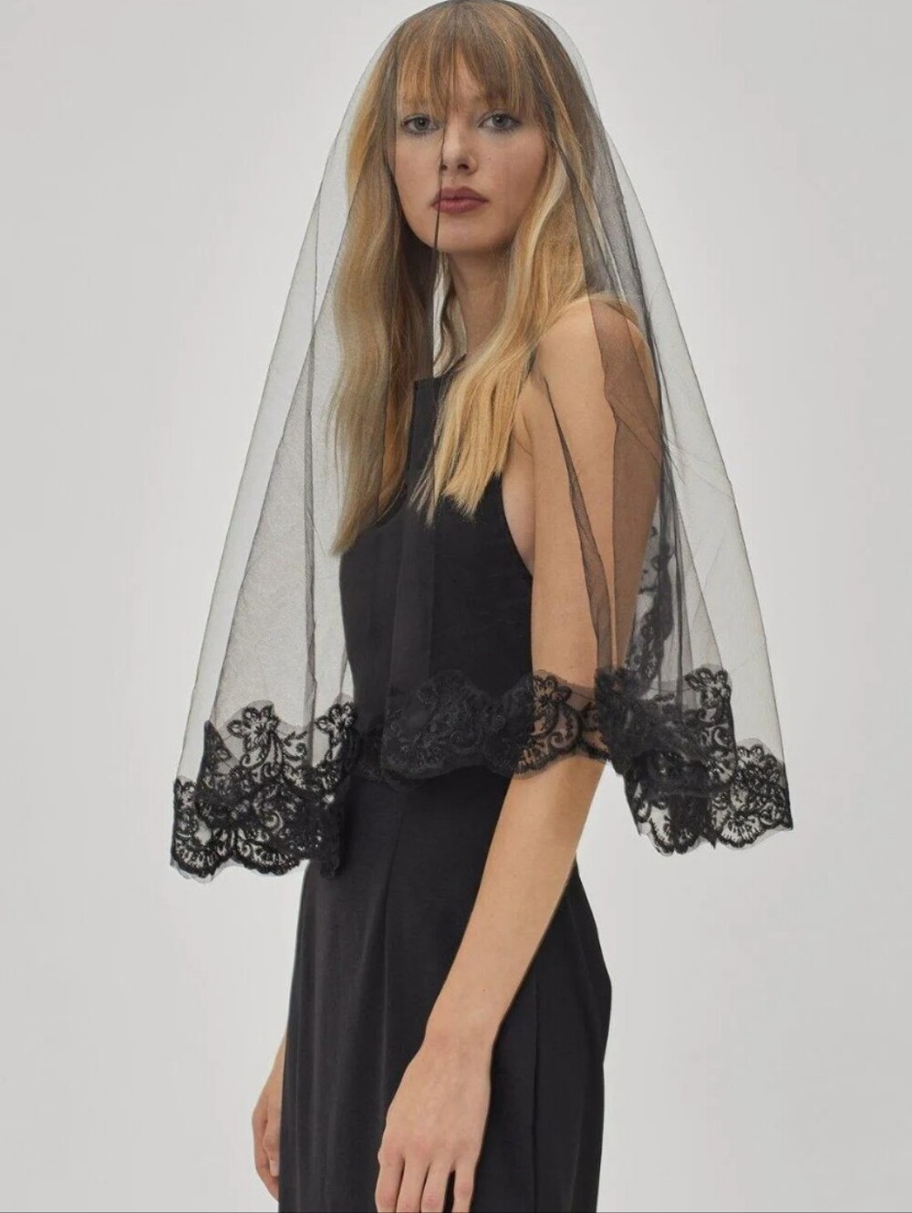 Black Lace-Trim Veil Dress